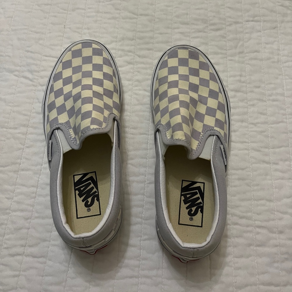 Light blue and white checkered vans